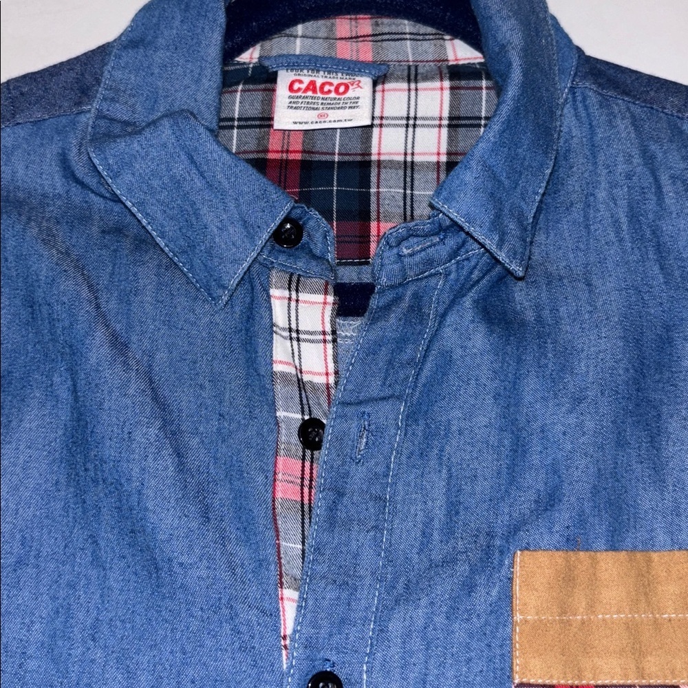 CACO STREETWEAR BLUE DENIM BUTTON DOWN WITH PLAID POCKET LIGHT WEIGHT DENIM - Picture 10 of 12